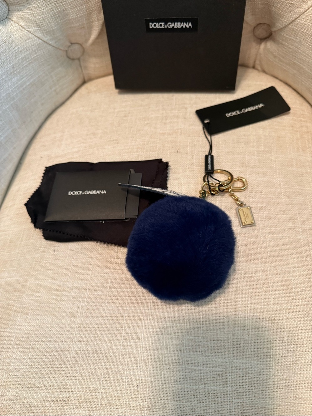 Dolce & Gabbana Navy Blue Fur Pom Pom Keyring with Gold Hardware